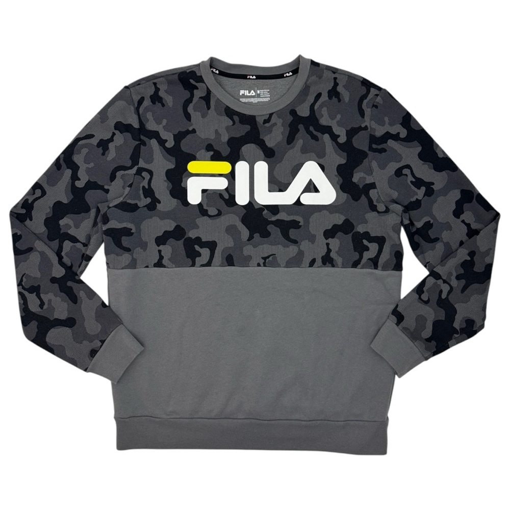 Fila Mens Medium Sweatshirt Camo Print Crew Neck Pullover Black Gray Fleece Logo